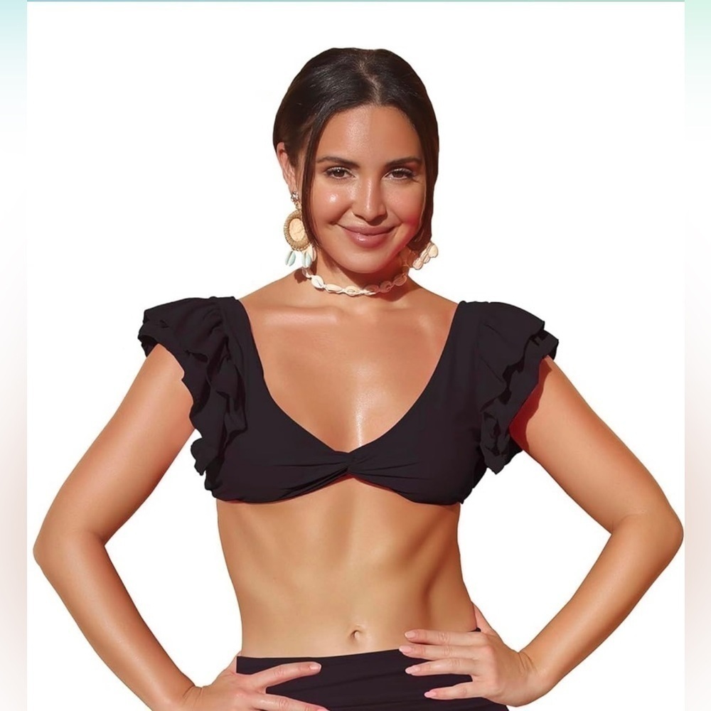 SPORLIKE Women’s Ruffle Swimsuit Push Up Black Bikini Top S NEW